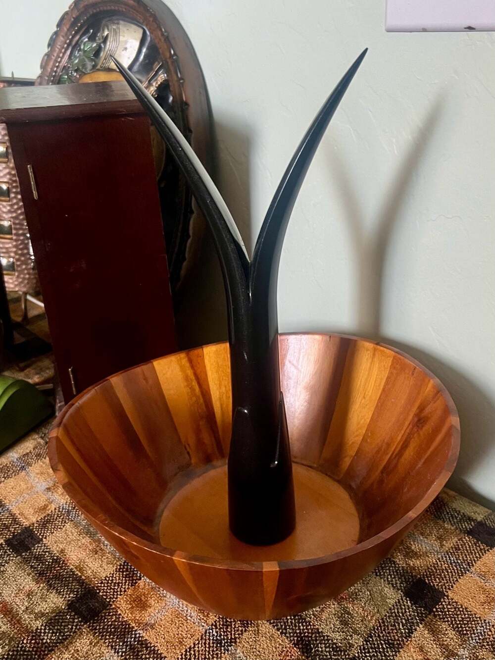 Vintage Mid-Century Modern Acacia Wood Fruit Bowl with Black Metal Branch Accent